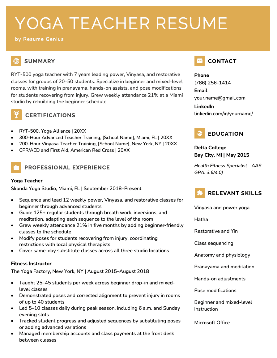Resume example for an experienced yoga teacher