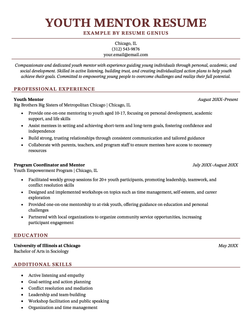 An example youth mentor resume