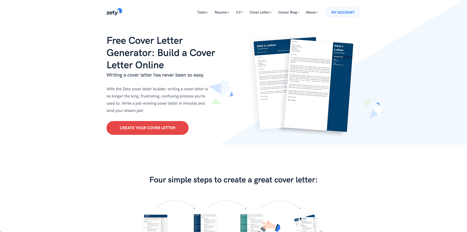 Screenshot of the Zety cover letter generator