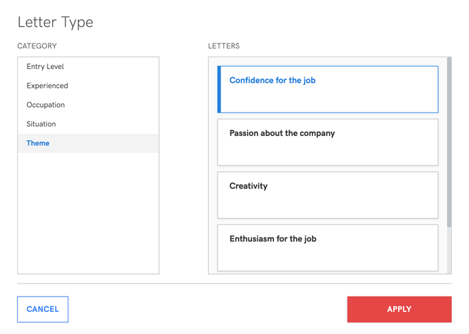 A screenshot of the theme and type options Zety's cover letter builder offers