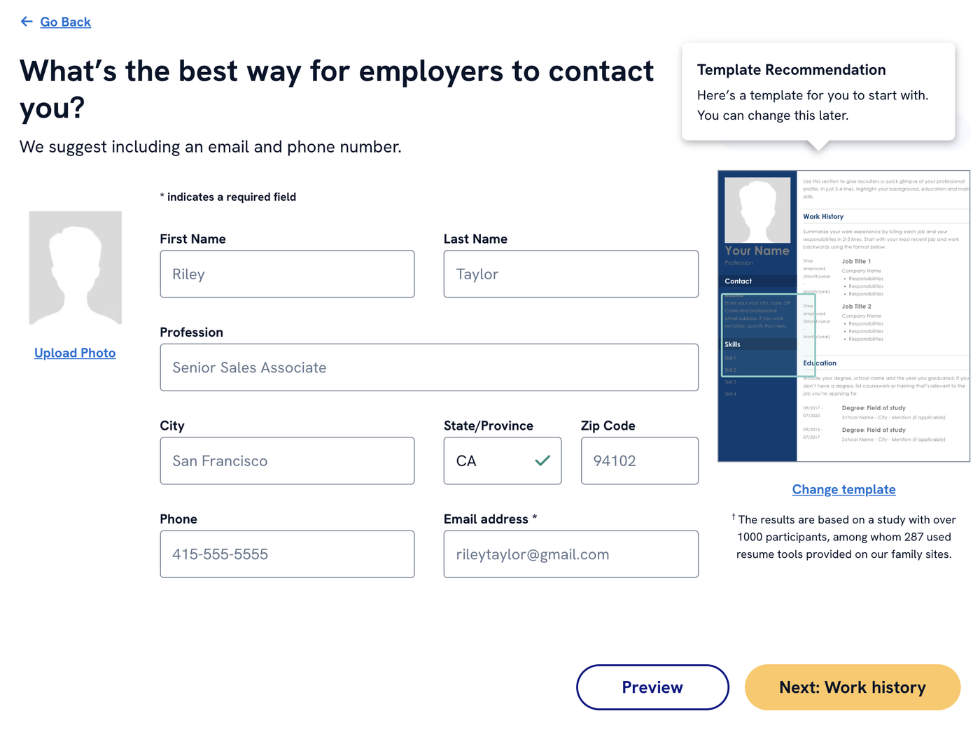 A screenshot of the contact info screen from the Zety resume builder.