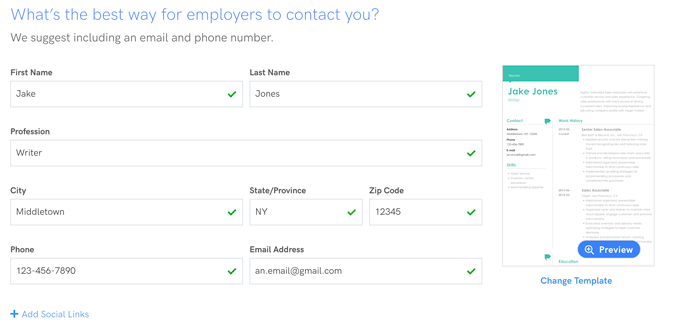 A screenshot of the contact information section of Zety's resume builder