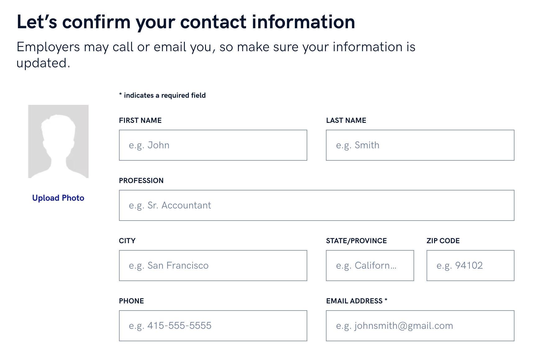 A screenshot of the contact information section of Zety's resume builder