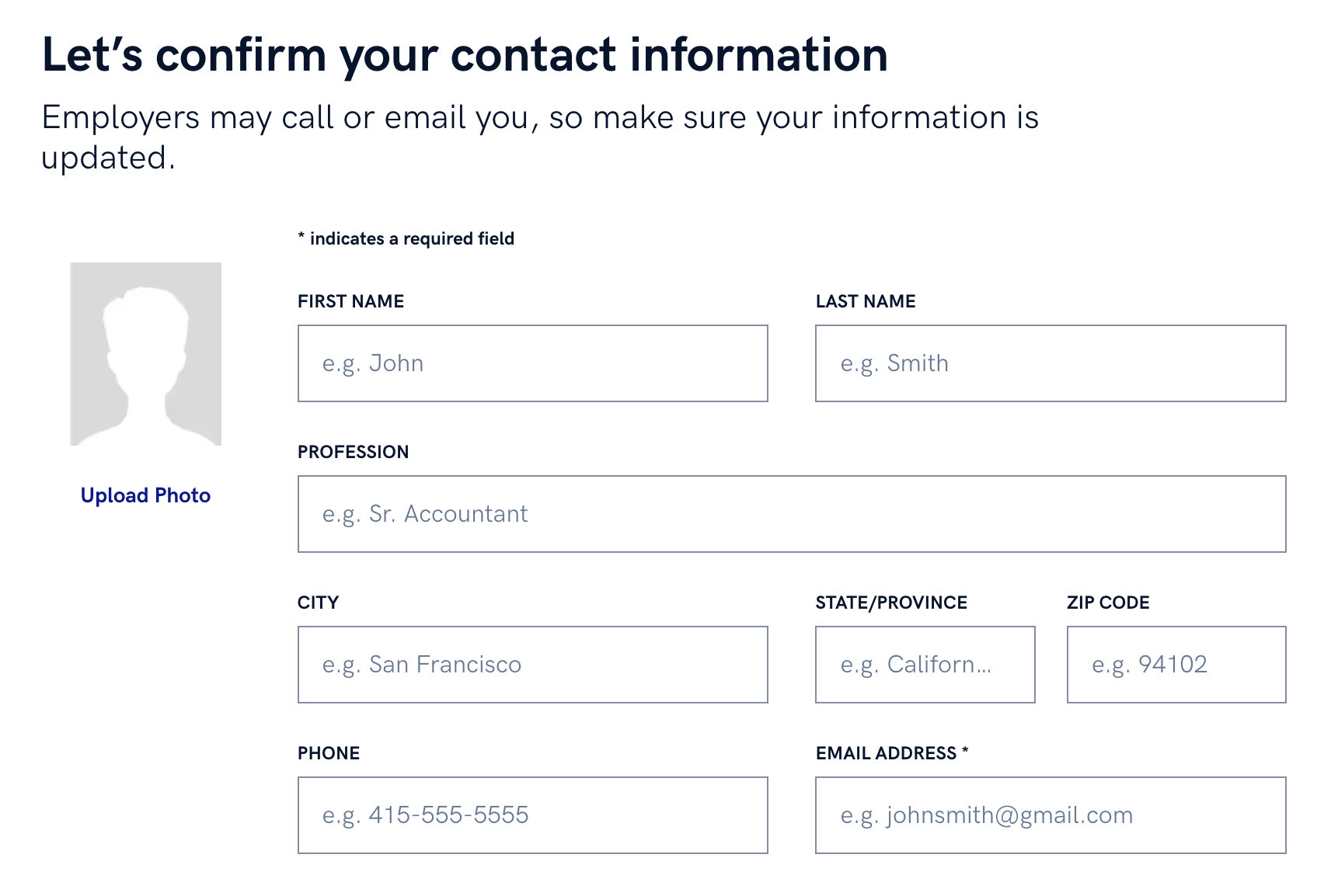 A screenshot of the contact information section of Zety