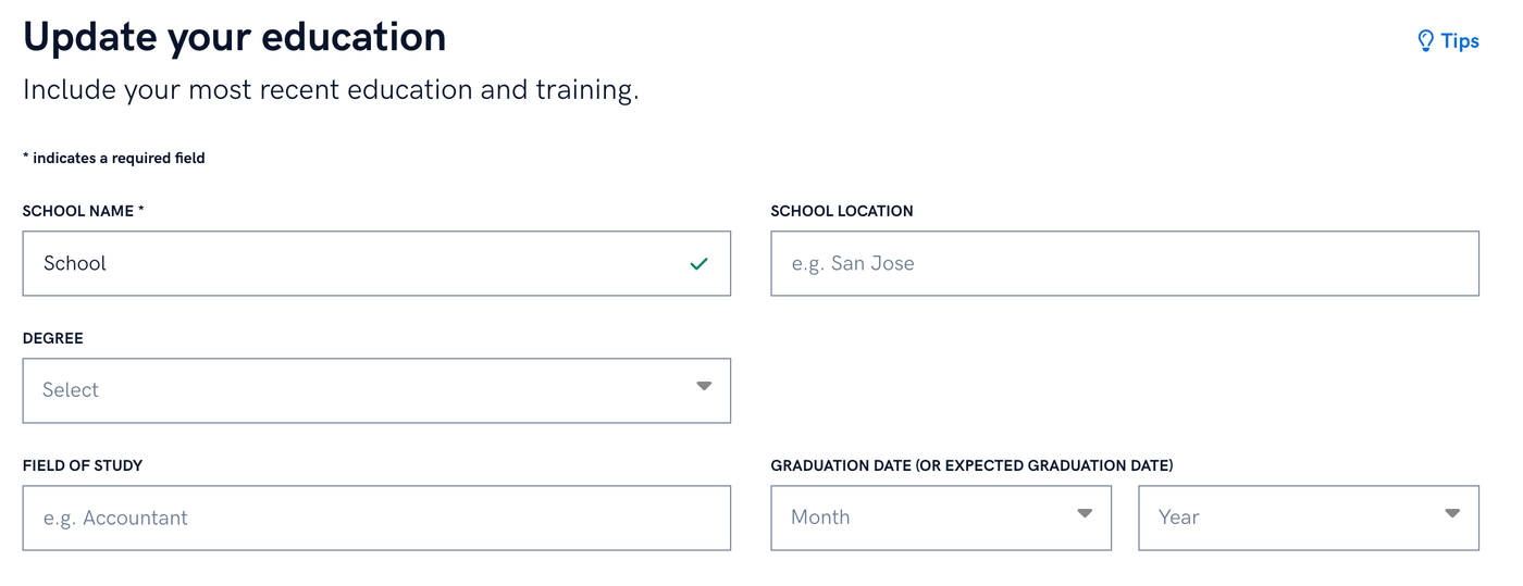 A screenshot of the education section of Zety