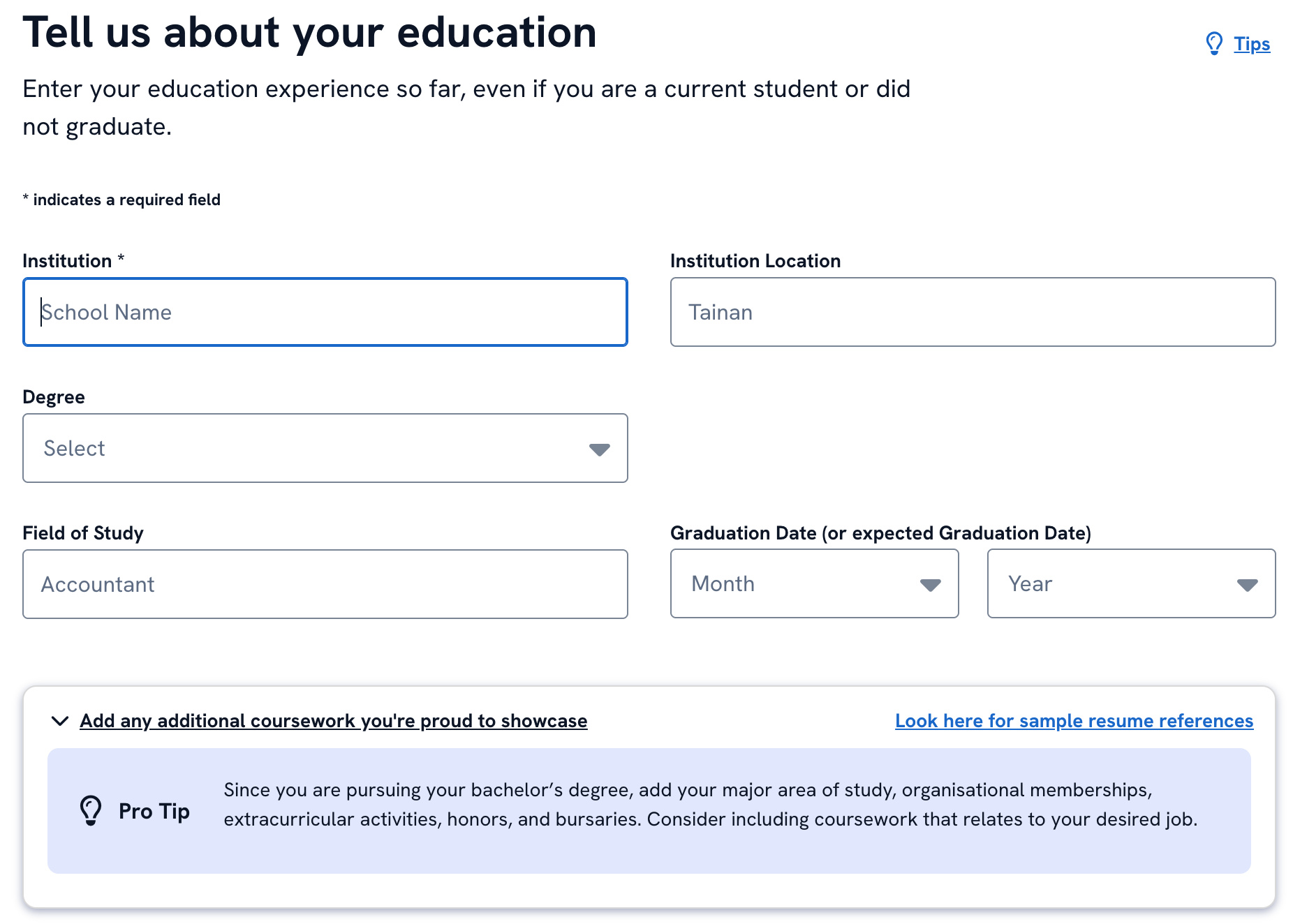 A screenshot from Zety's resume builder asking for information about the user's education information.