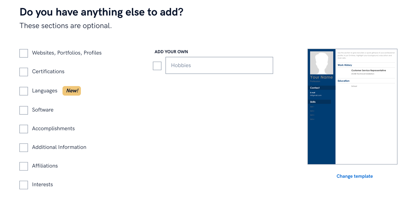 A screenshot of the extra section options in Zety