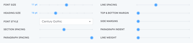 A screenshot of the formatting adjustment options in Zety's resume builder