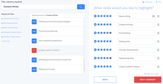 A screenshot of the skills section of Zety's resume builder