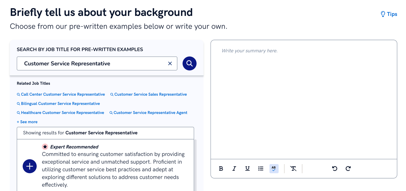 A screenshot of the resume summary section of Zety
