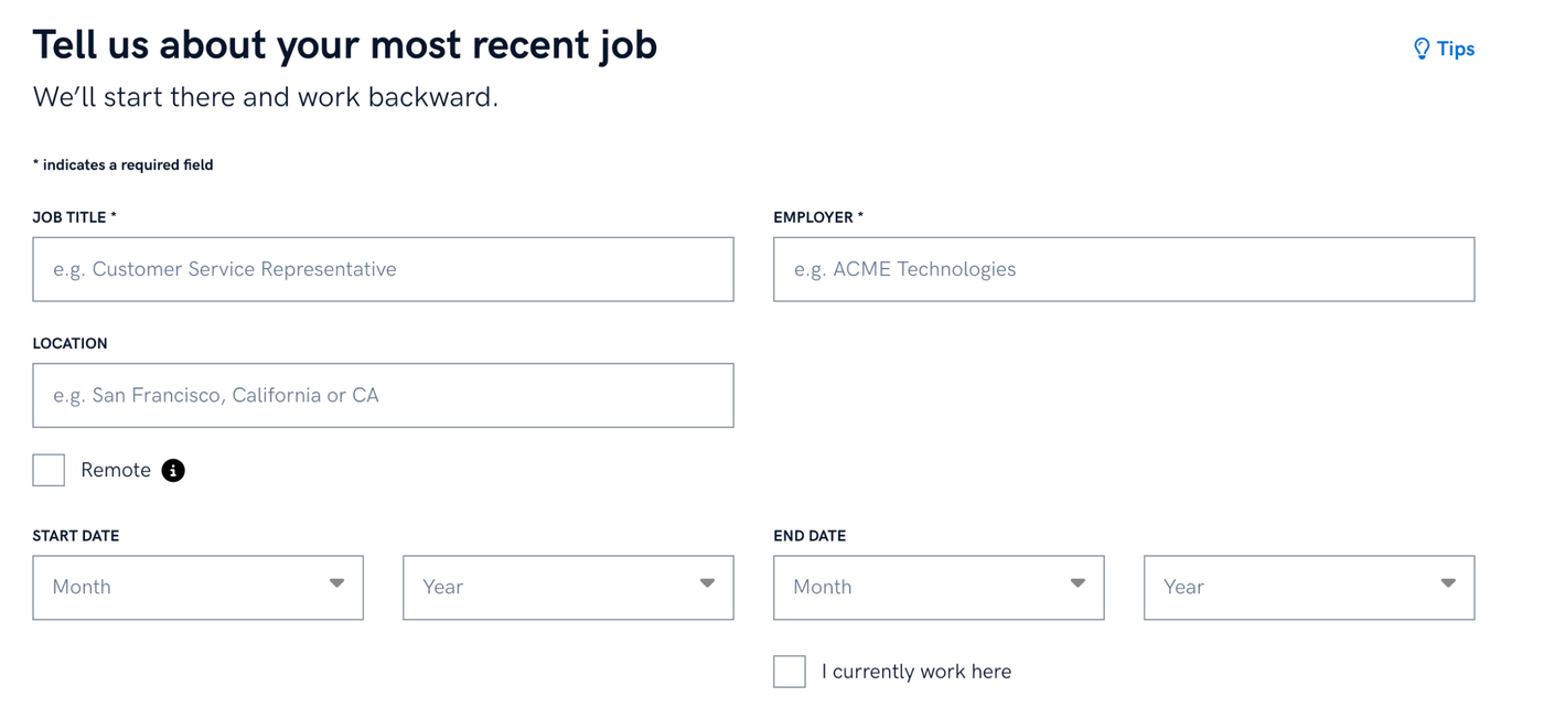 A screenshot of the work history bullets section of Zety