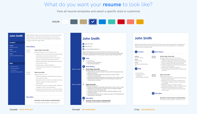 A screenshot showing three Zety resume templates and Zety's different color scheme options