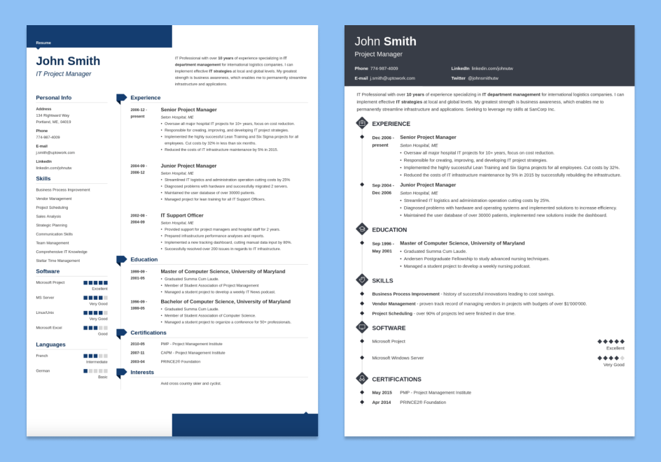 An image showing two of Zety's resume templates side-by-side on a light blue background
