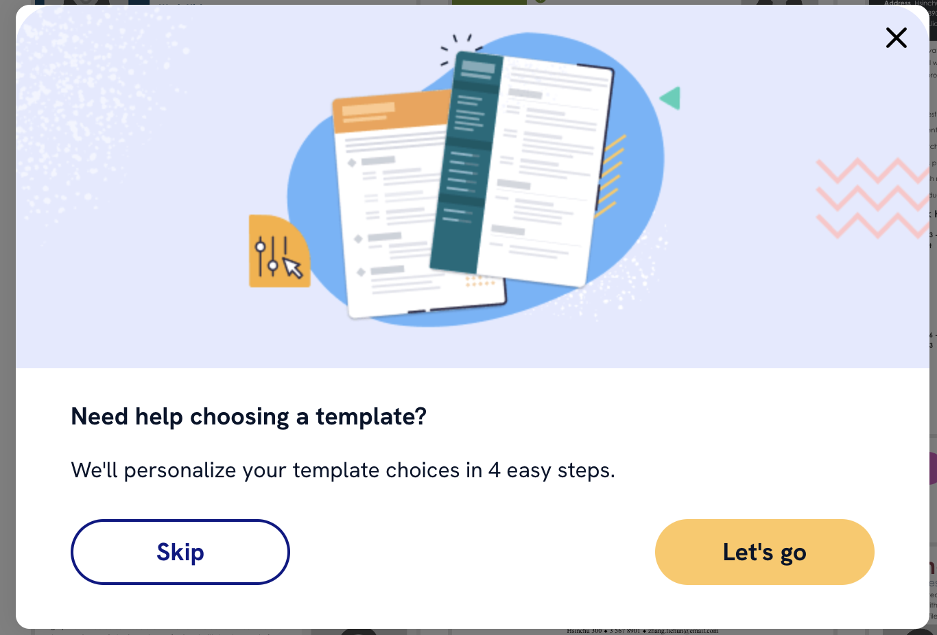 A screenshot from Zety's resume builder asking the user if they want help choosing a resume template.