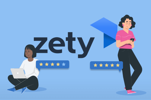 An animated person viewing Zety reviews