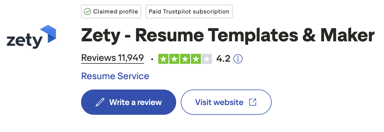 Zety's Trustpilot rating