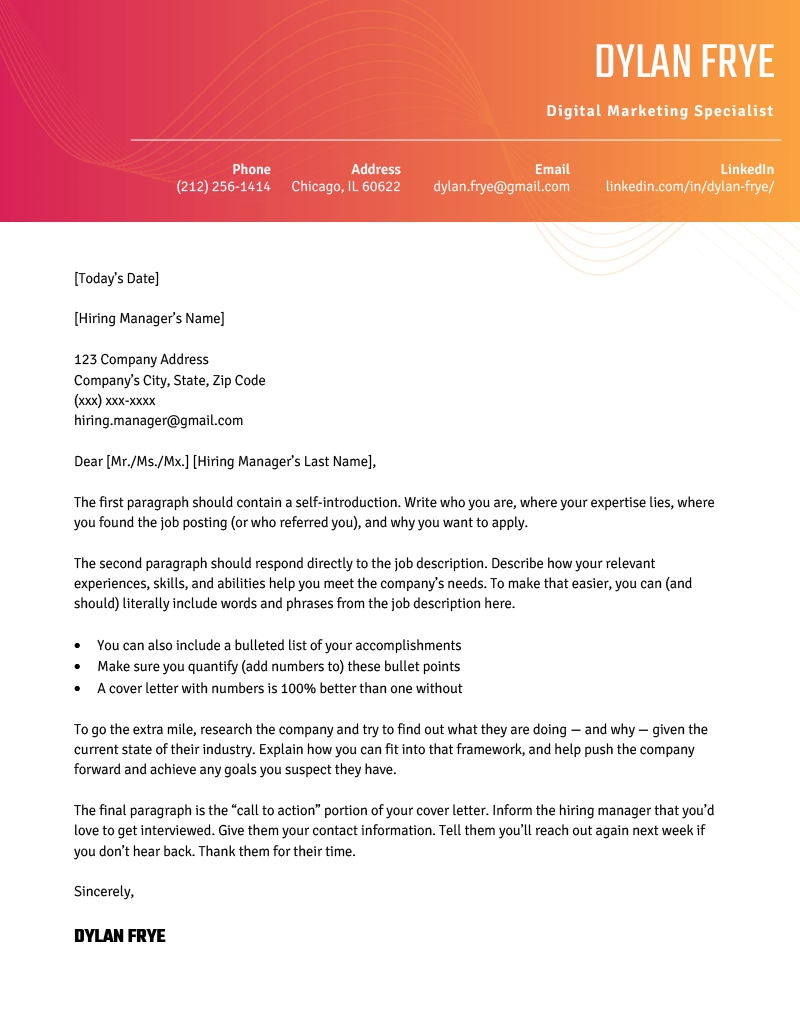 An example of the aesthetic cover letter template for word