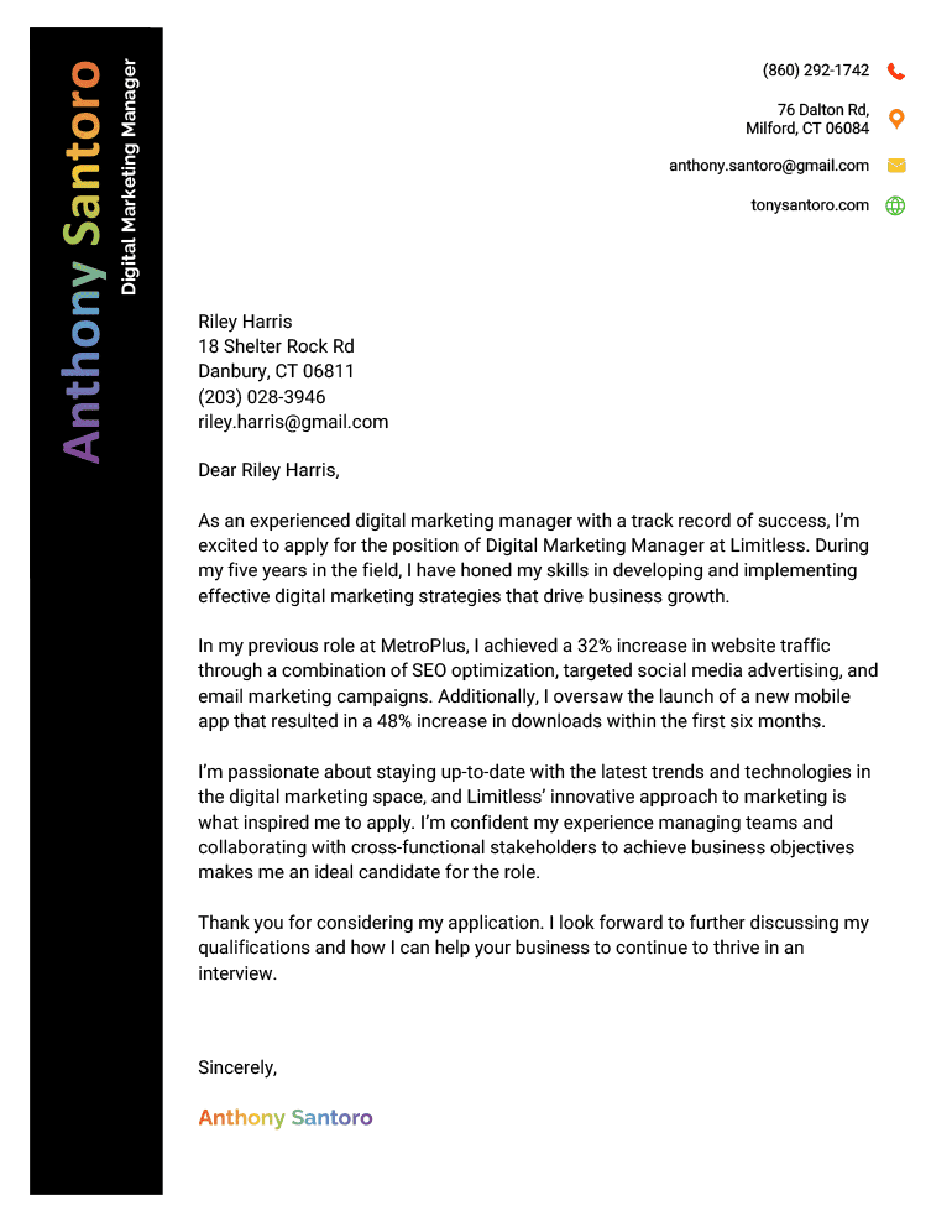 A cover letter example using a creative template with a black header and rainbow text.