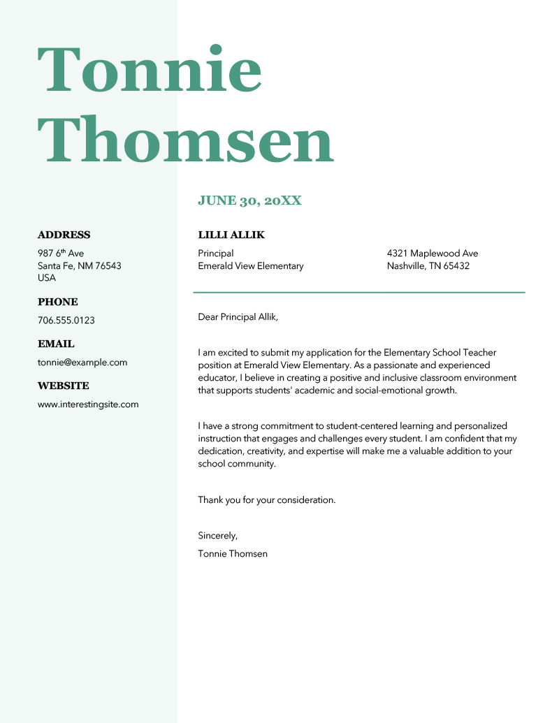 A preview of the stylish cover letter template from Microsoft Word